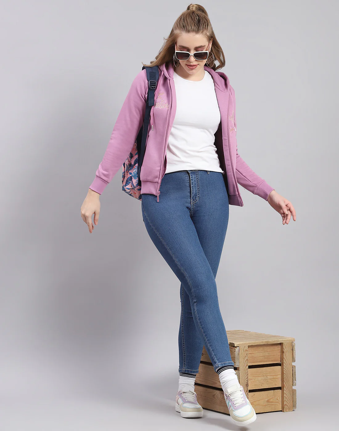 Women Purple Embroidered Hooded Full Sleeve Sweatshirt - Image 2