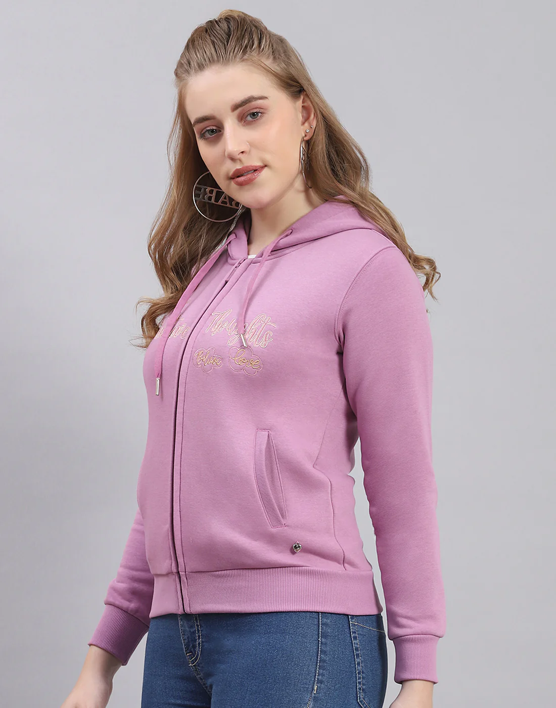 Women Purple Embroidered Hooded Full Sleeve Sweatshirt - Image 3