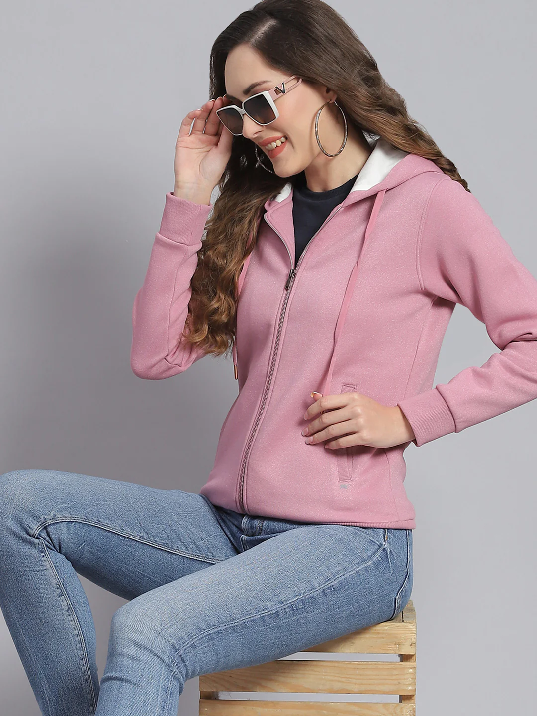 Women Purple Embroidered Hooded Full Sleeve Sweatshirts - Image 2