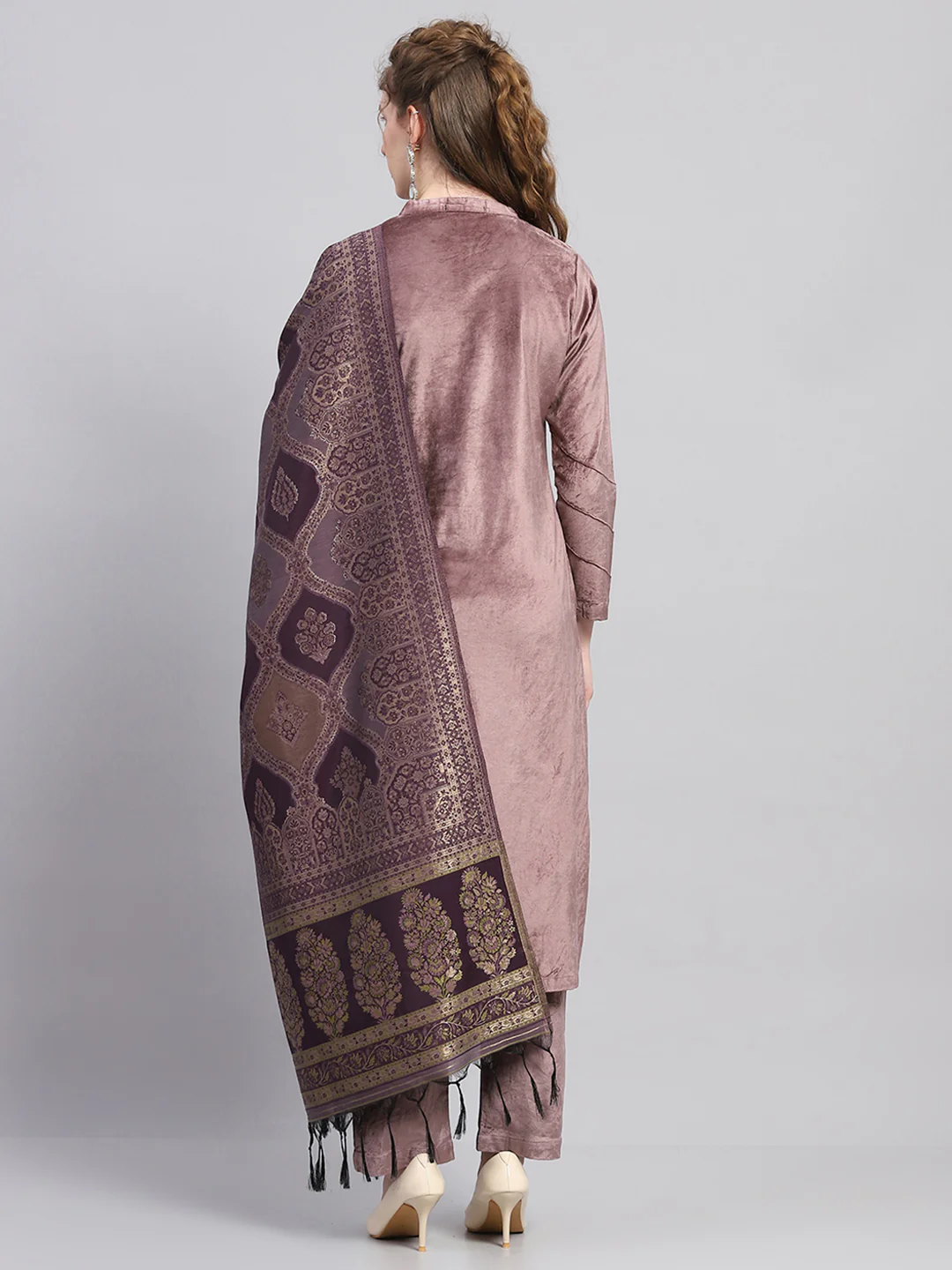 Women Purple Embroidered Round Neck Full Sleeve Kurti Set with Stole - Image 5