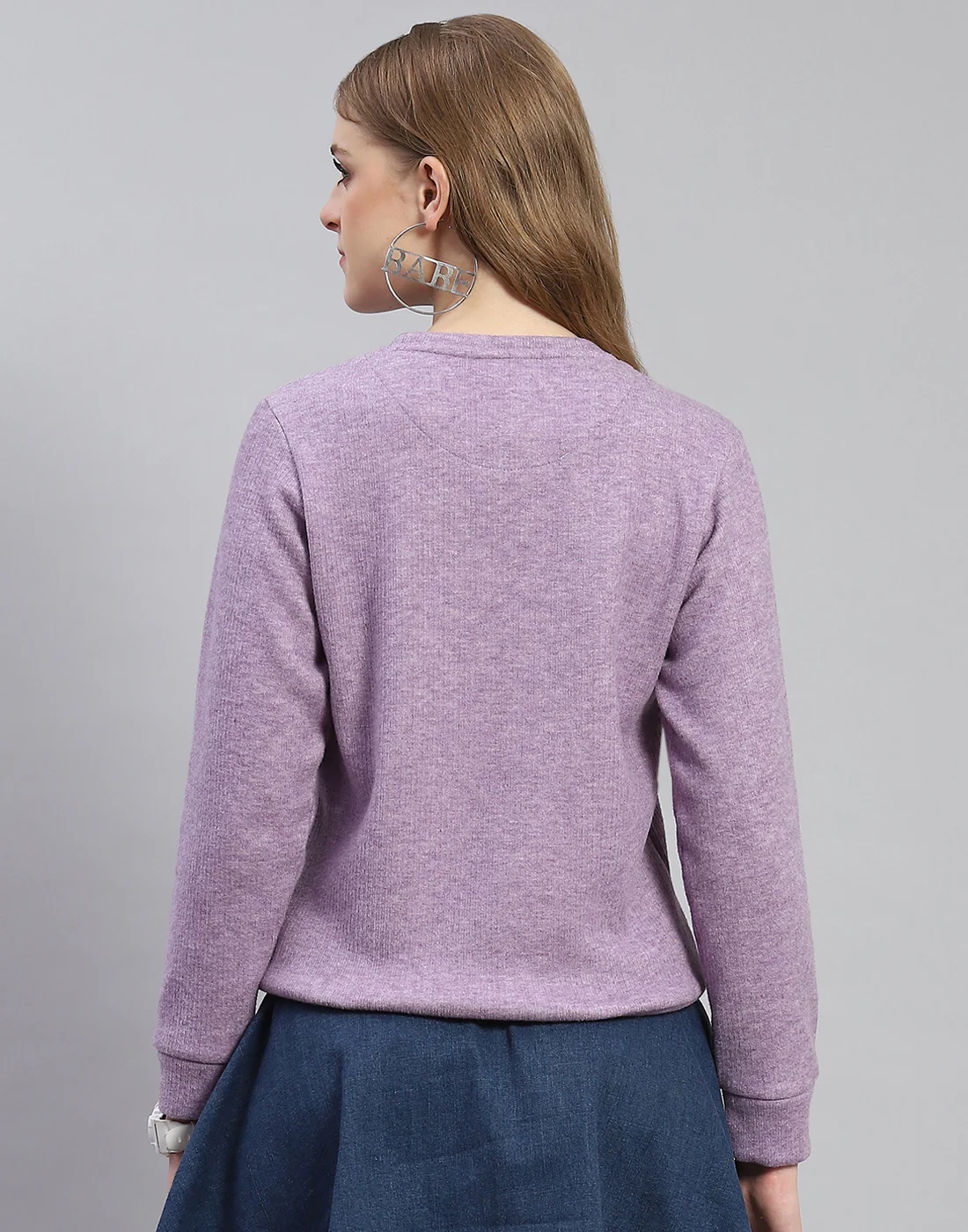 Women Purple Embroidered Round Neck Full Sleeve Sweatshirt - Image 5