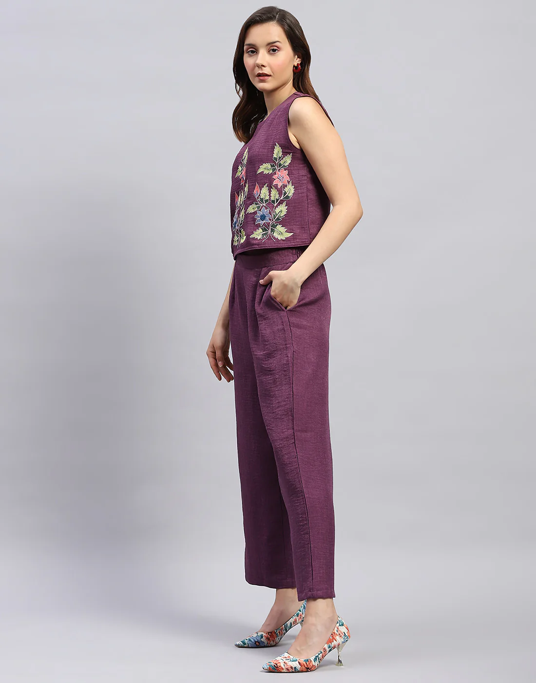 Women Purple Floral Print Collar Neck Sleeveless Cords Set - Image 4