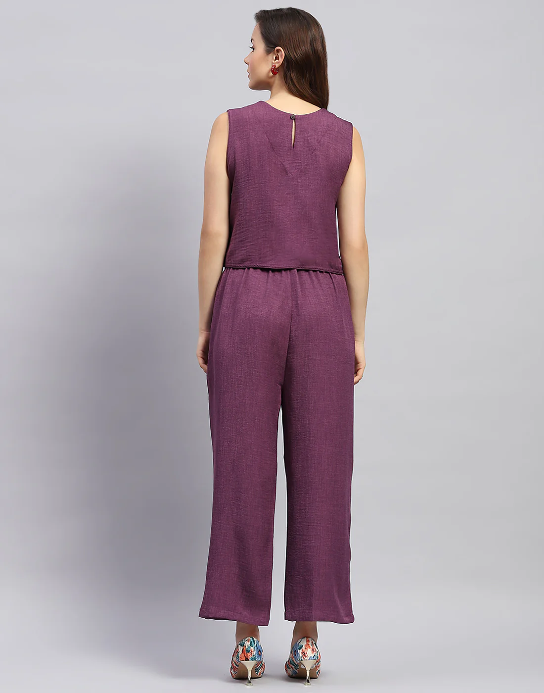 Women Purple Floral Print Collar Neck Sleeveless Cords Set - Image 6