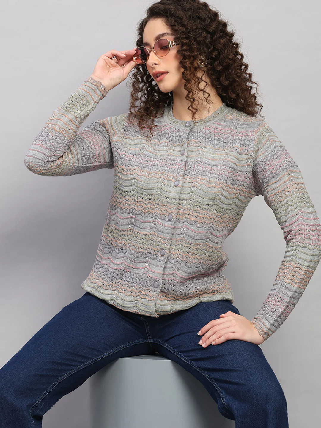 Women Purple Jaquard Round Neck Full Sleeve Cardigan - Image 6
