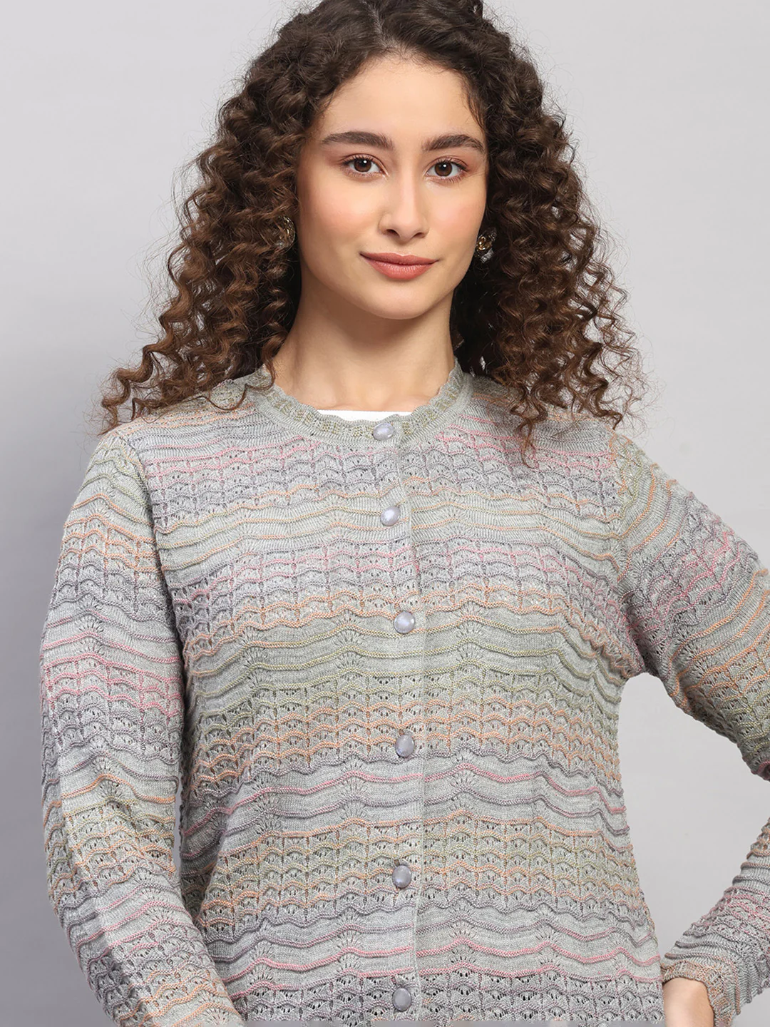 Women Purple Jaquard Round Neck Full Sleeve Cardigan - Image 7