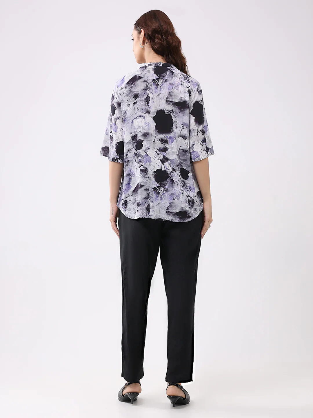 Women Purple Printed Band Neck 3/4th Sleeve Cords Set - Image 6