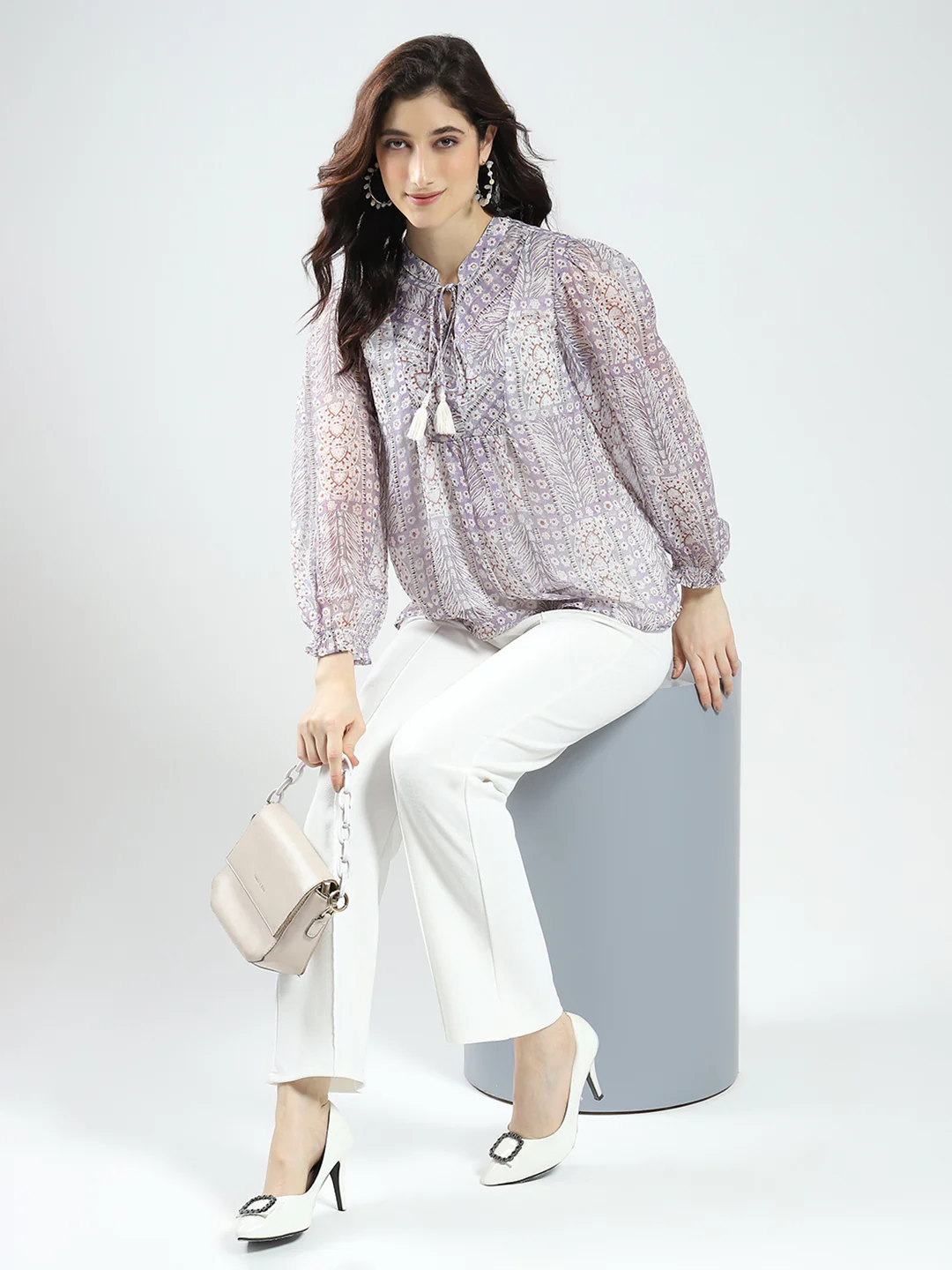 Women Purple Printed Band Neck Full Sleeve Top - Image 2