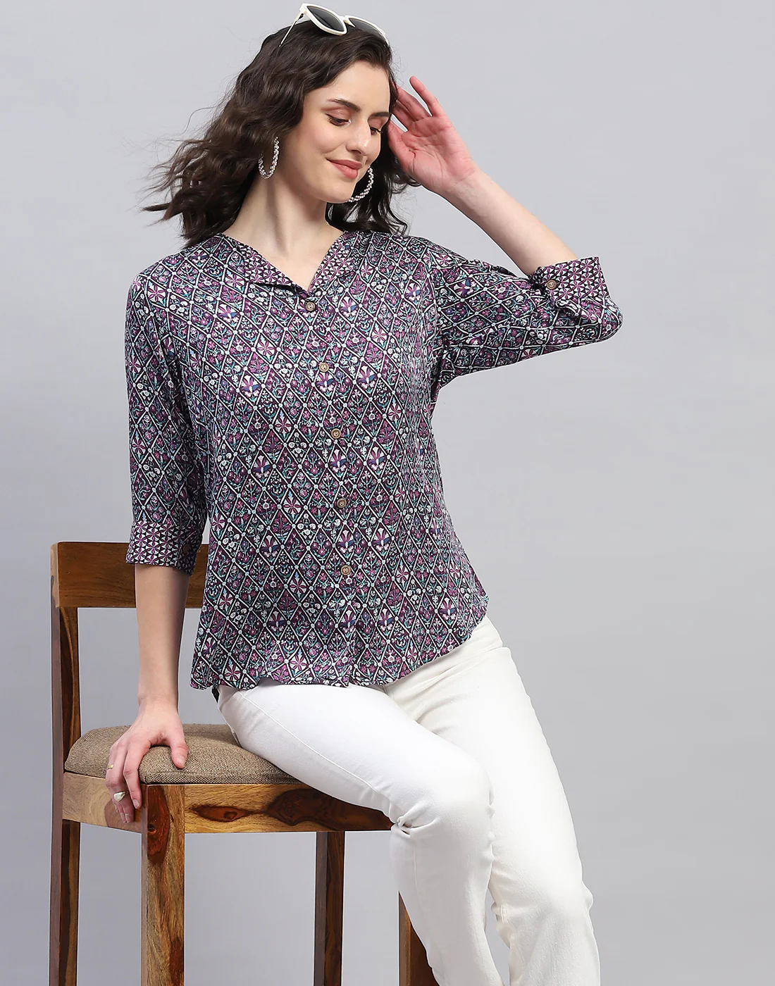 Women Purple Printed Collar Neck 3/4 Sleeve Top - Image 2