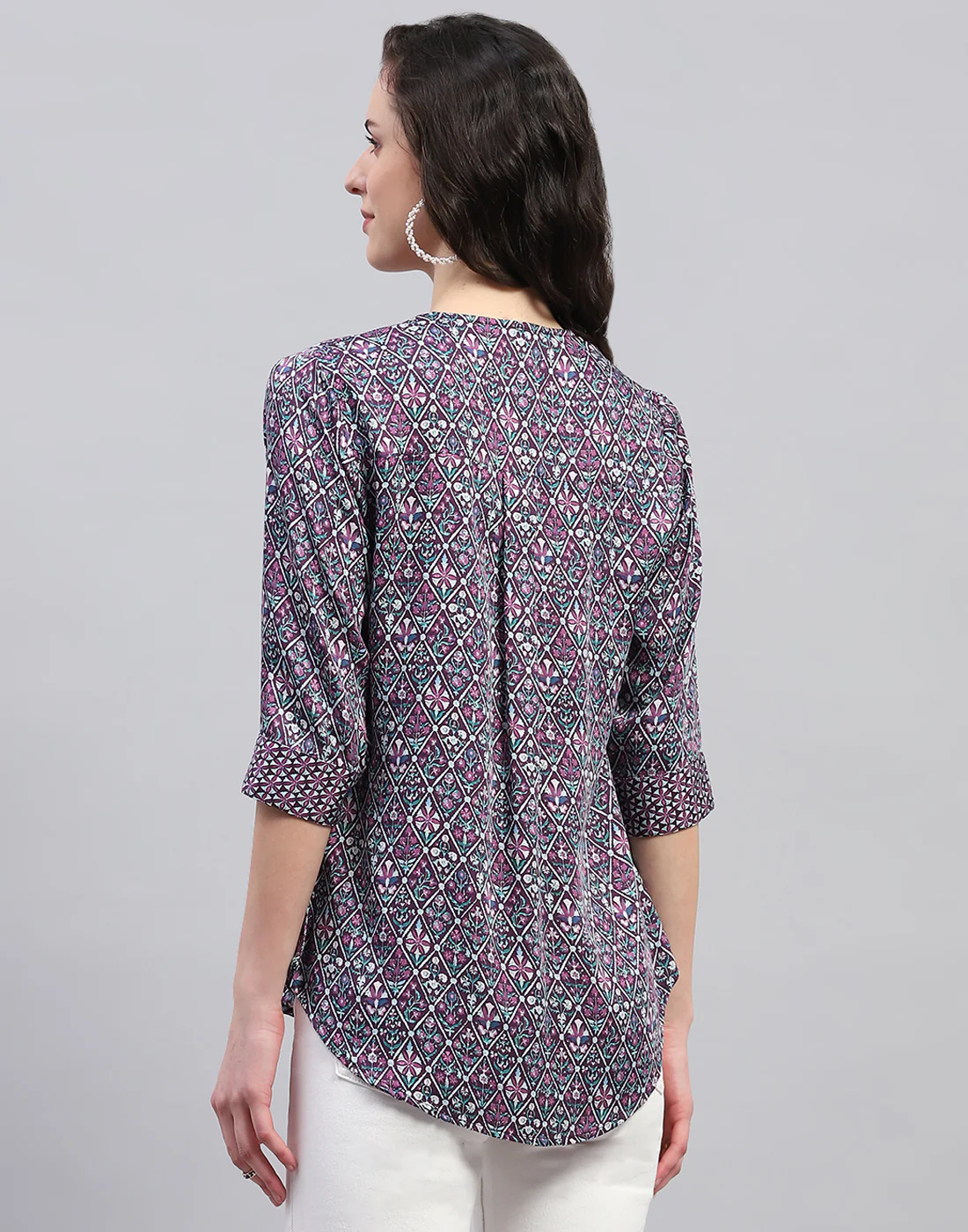 Women Purple Printed Collar Neck 3/4 Sleeve Top - Image 6