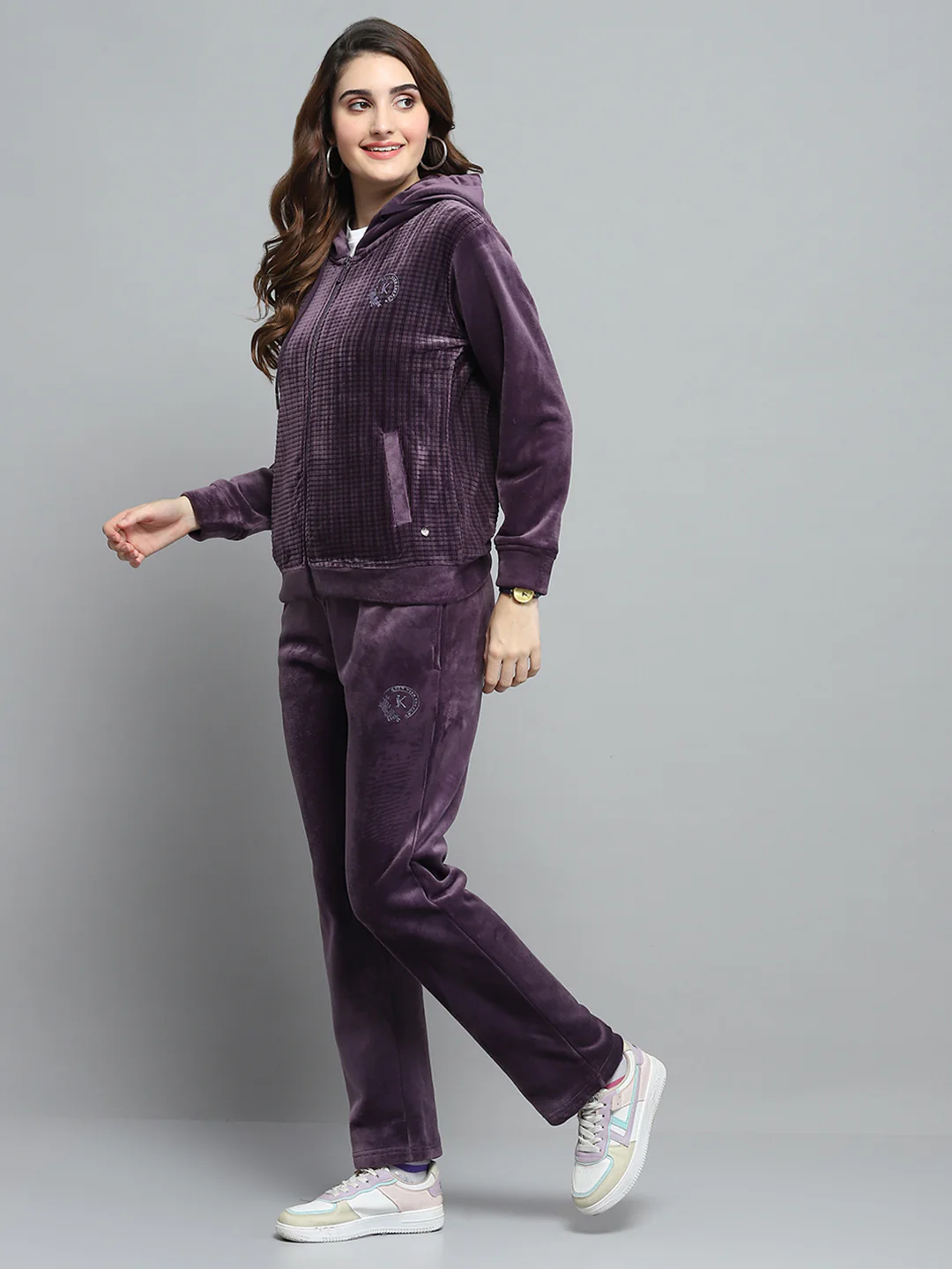 Women Purple Printed Hooded Full Sleeve Cords Set - Image 3