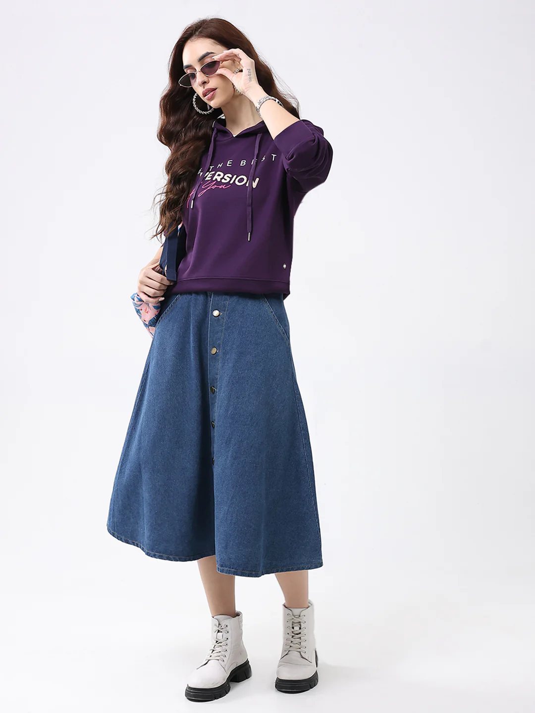Women Purple Printed Hooded Full Sleeve Winter Top - Image 2