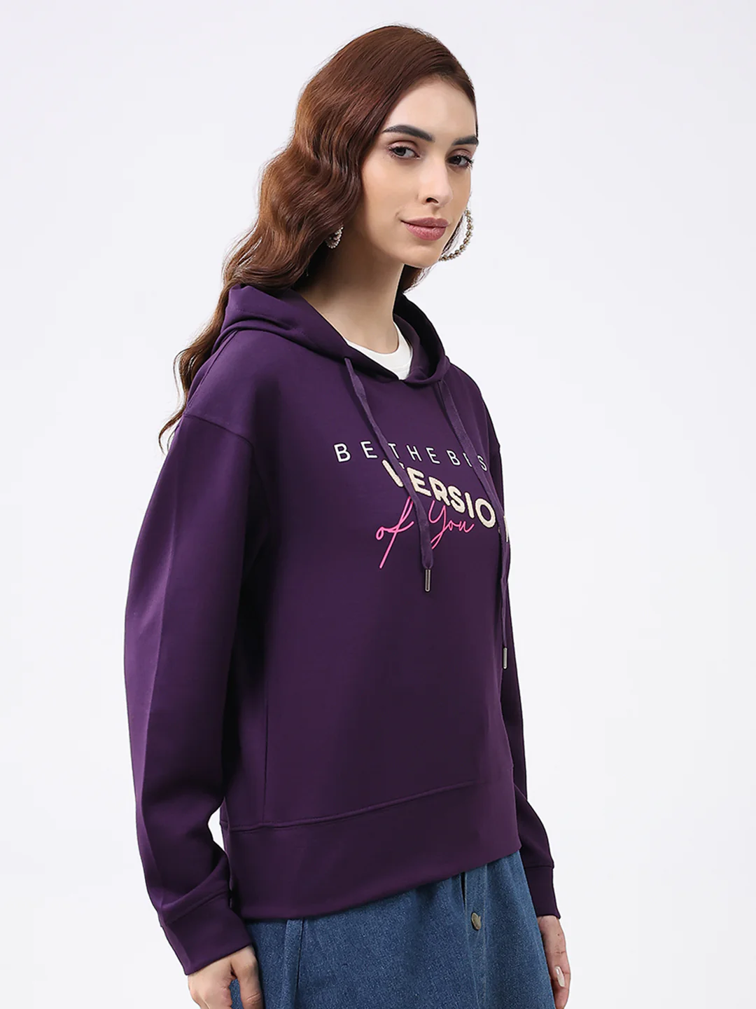 Women Purple Printed Hooded Full Sleeve Winter Top - Image 4