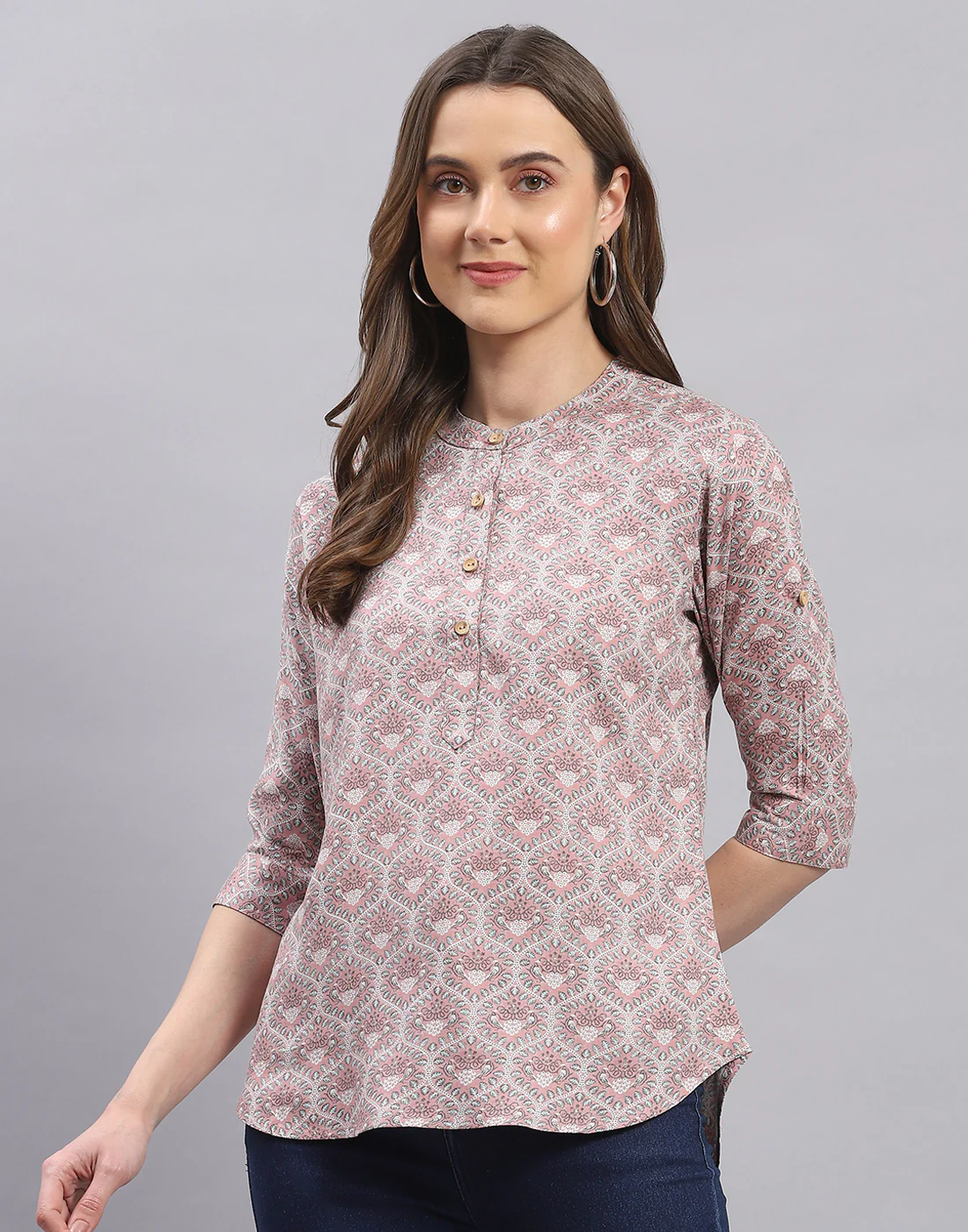 Women Purple Printed Mandarin Collar 3/4 Sleeve Top - Image 3