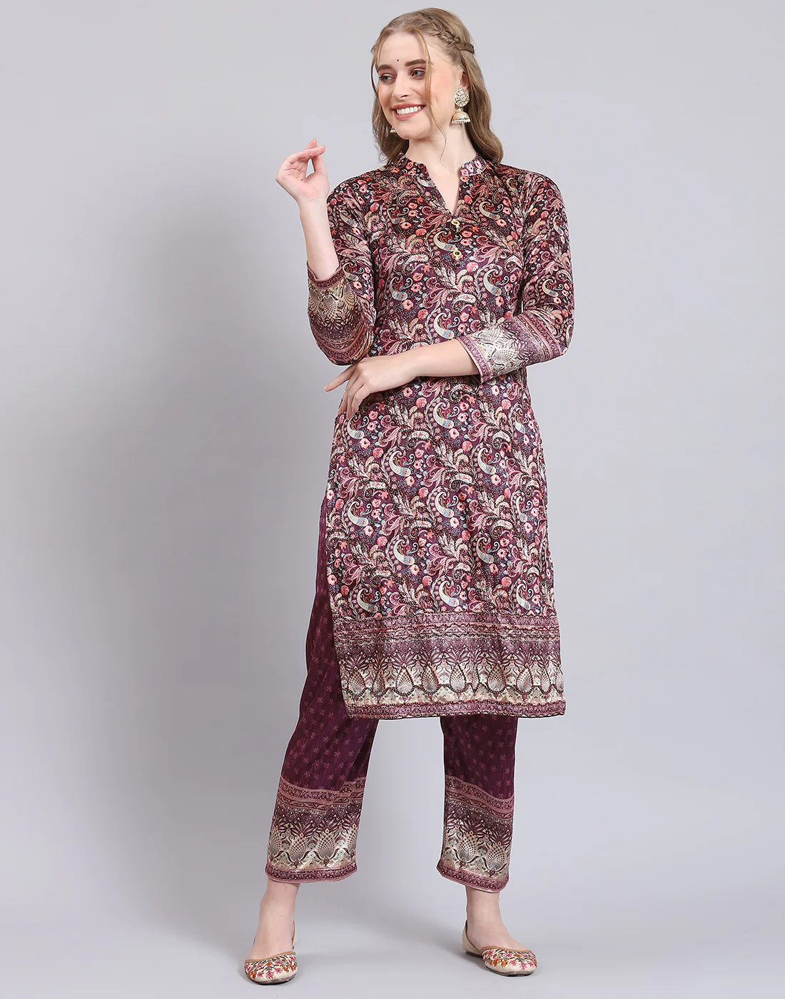 Women Purple Printed Mandarin Collar 3/4th Sleeve Kurtis Set - Image 2