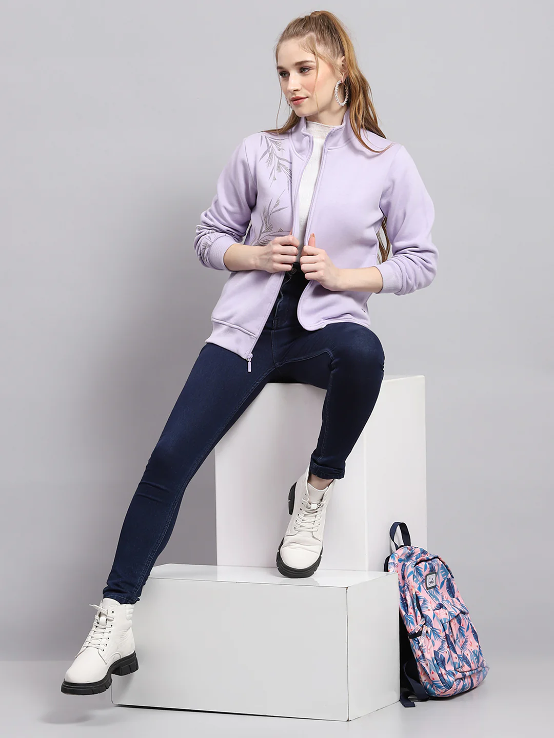 Women Purple Printed Mock Neck Full Sleeve Sweatshirt - Image 2
