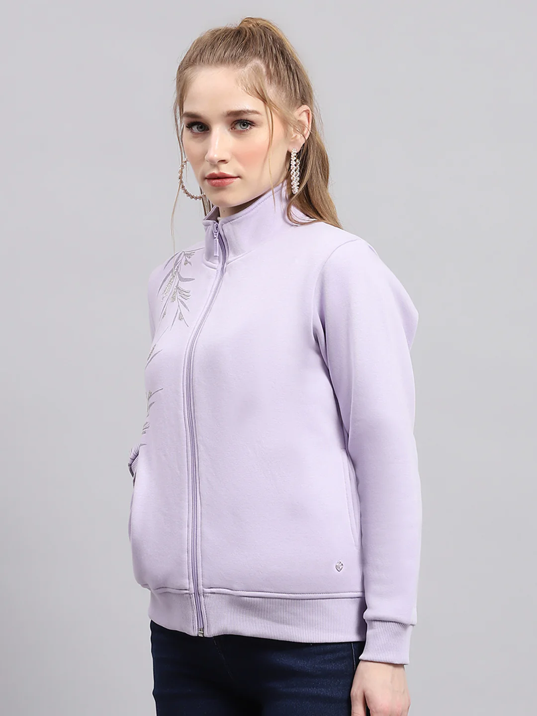 Women Purple Printed Mock Neck Full Sleeve Sweatshirt - Image 3