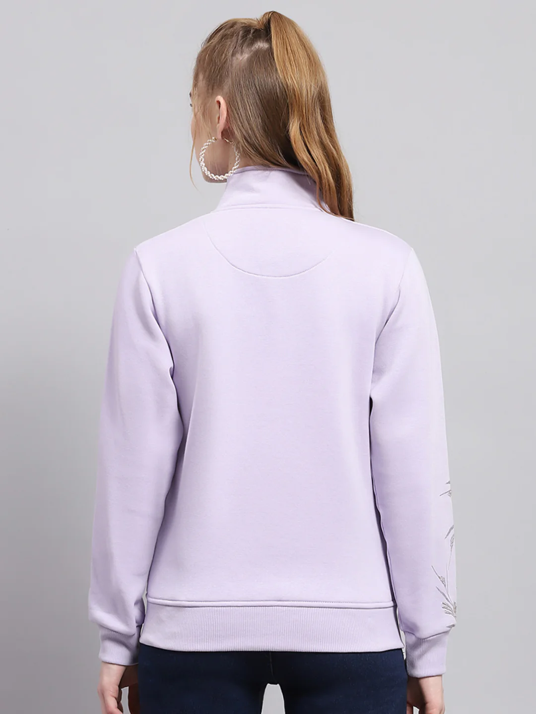Women Purple Printed Mock Neck Full Sleeve Sweatshirt - Image 5