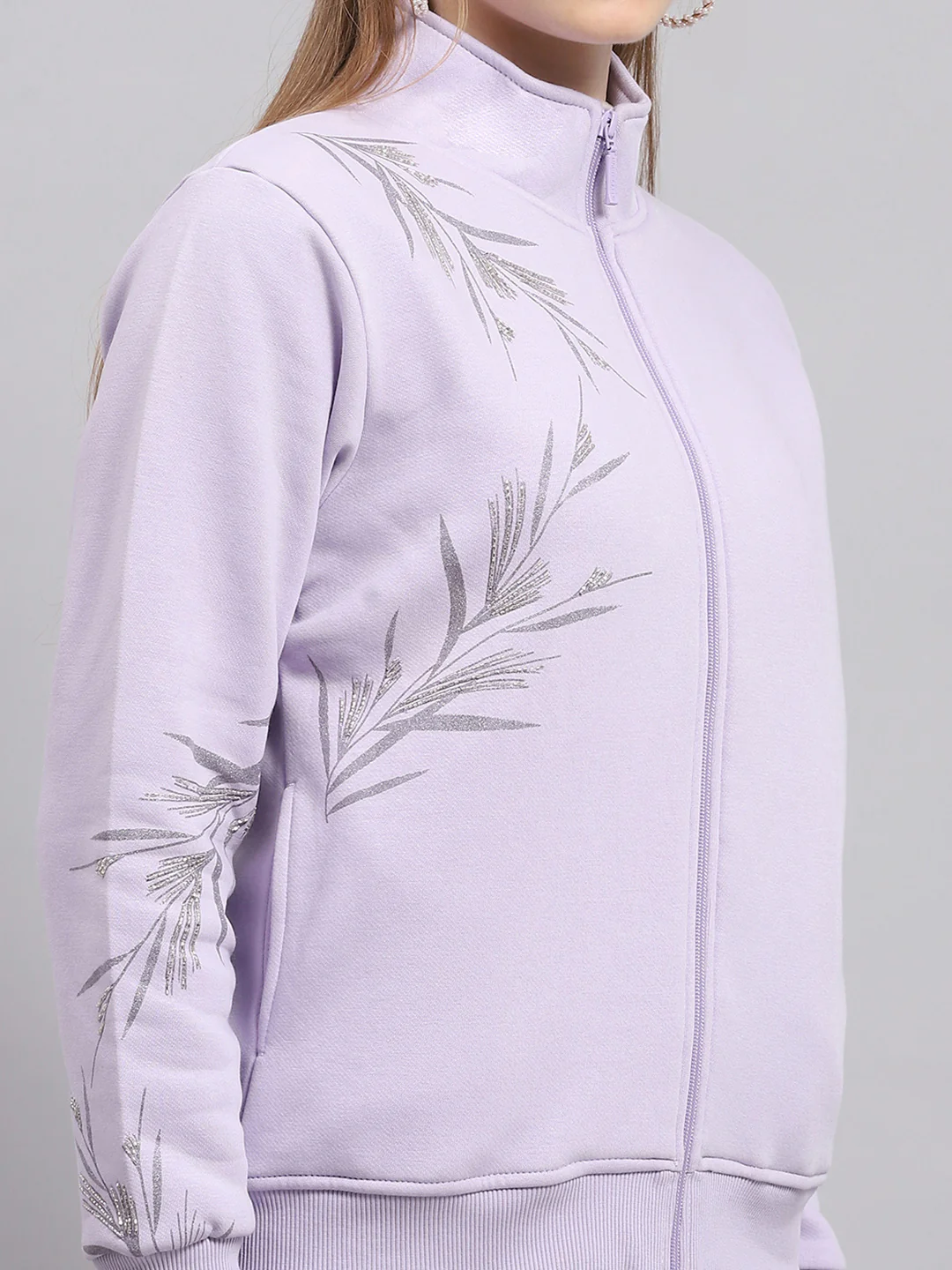 Women Purple Printed Mock Neck Full Sleeve Sweatshirt - Image 6