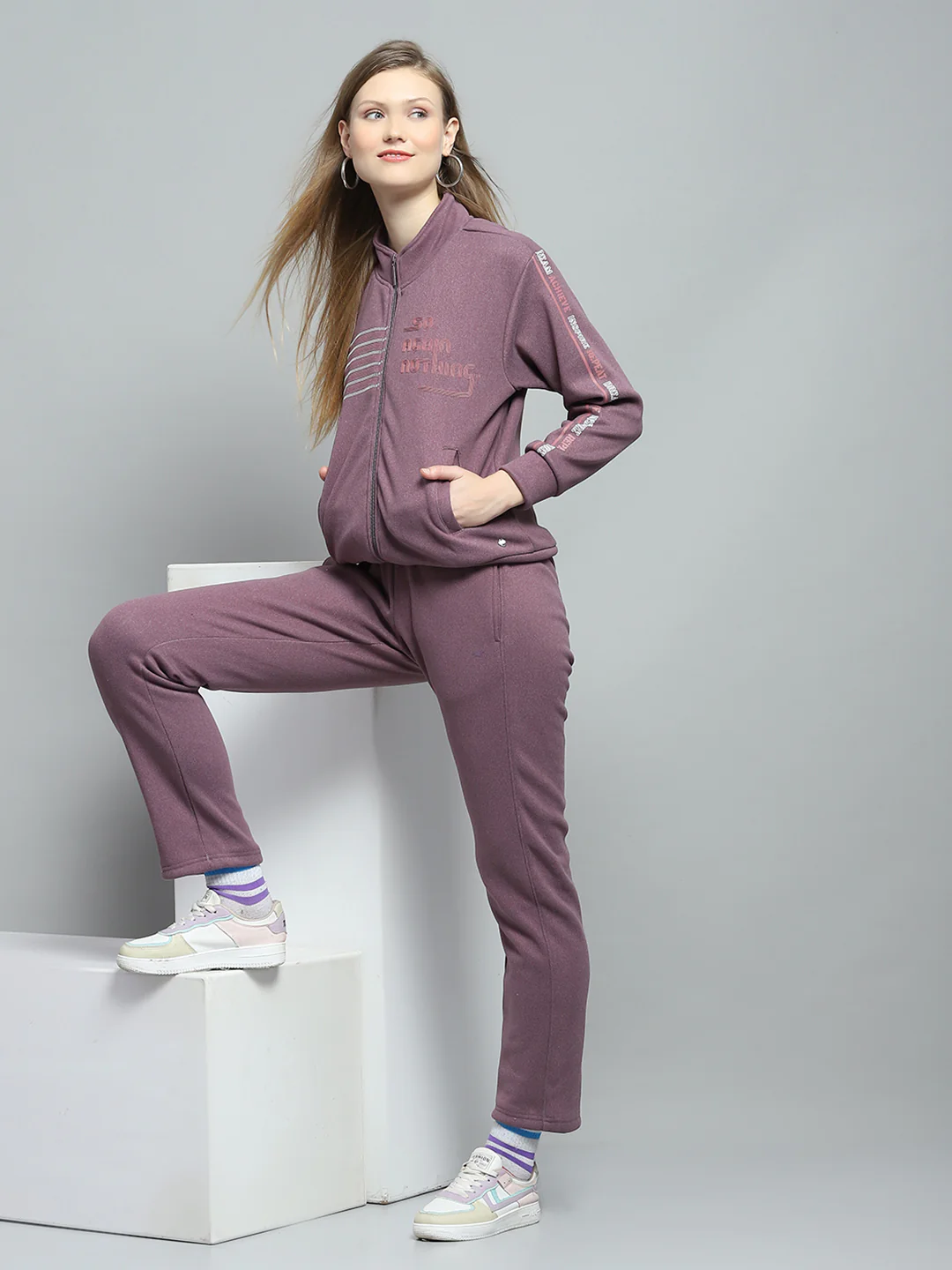 Women Purple Printed Mock Neck Full Sleeve Tracksuit - Image 2