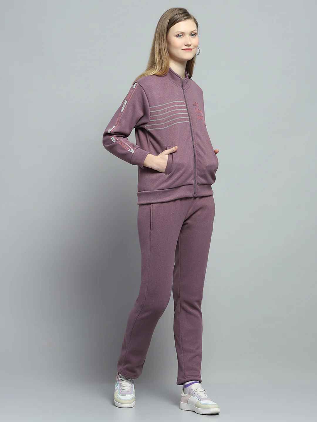 Women Purple Printed Mock Neck Full Sleeve Tracksuit - Image 4