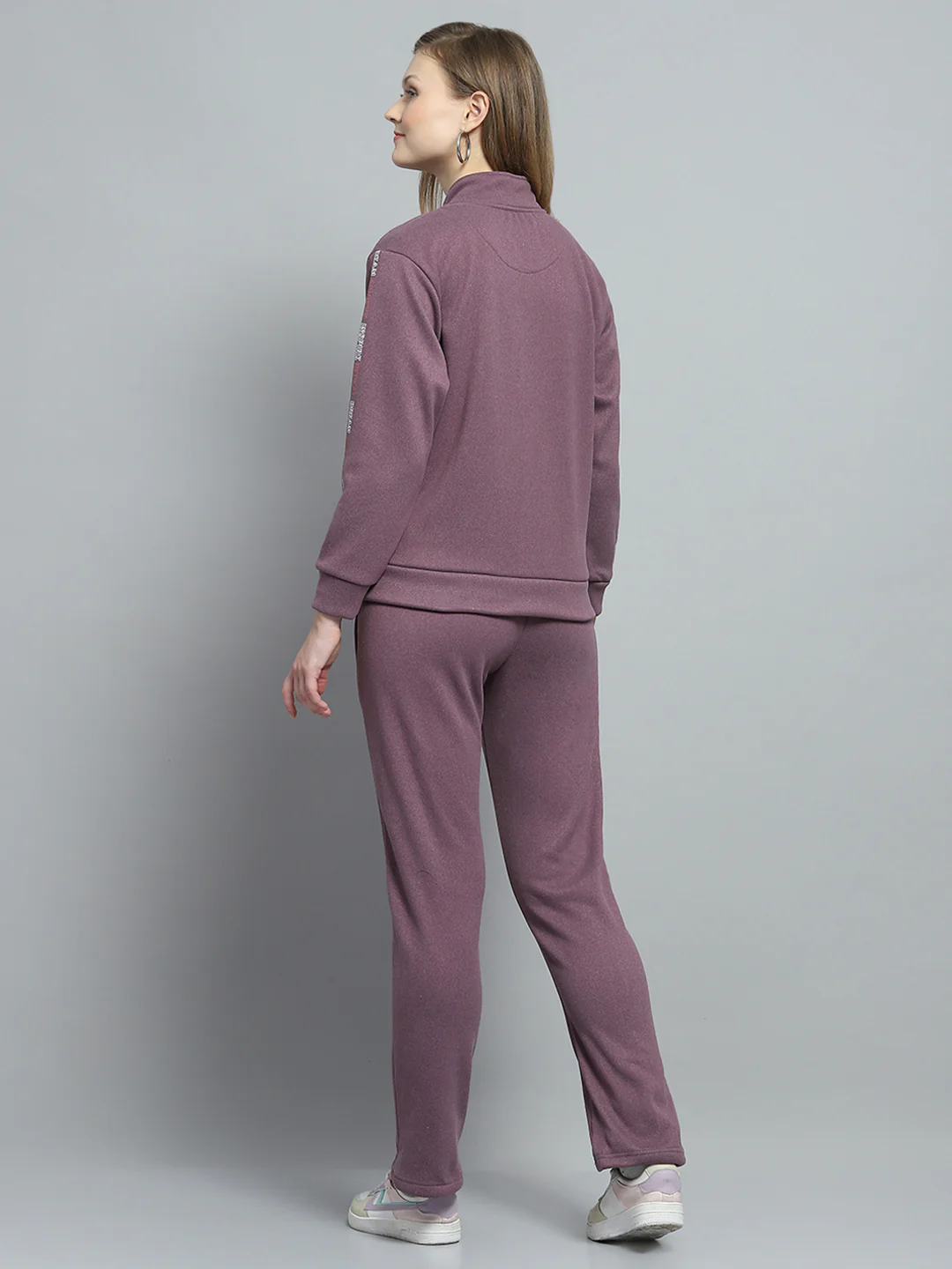 Women Purple Printed Mock Neck Full Sleeve Tracksuit - Image 5