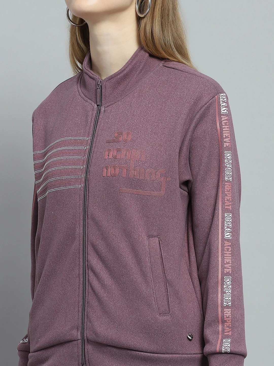Women Purple Printed Mock Neck Full Sleeve Tracksuit - Image 6