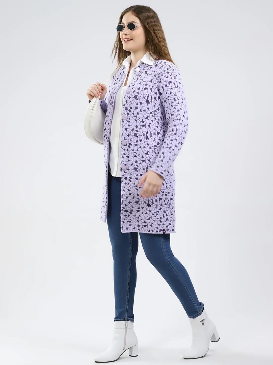 Women Purple Printed Round Neck Full Sleeve Knitted Coat - Image 2