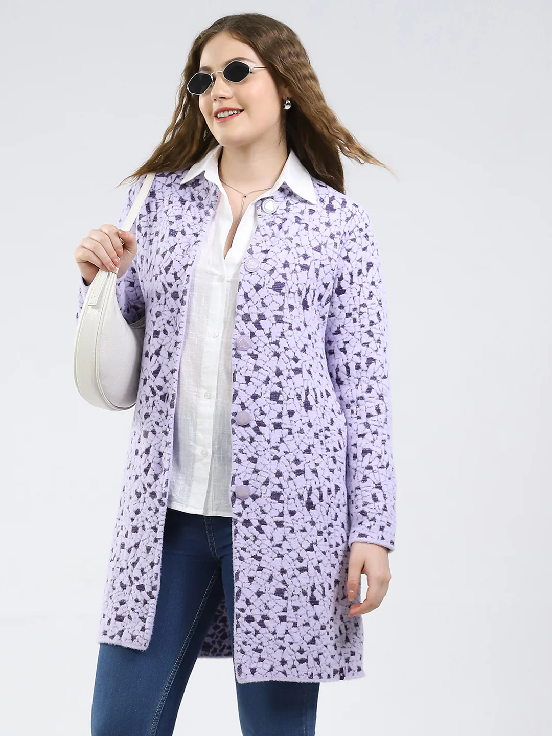 Women Purple Printed Round Neck Full Sleeve Knitted Coat - Image 6