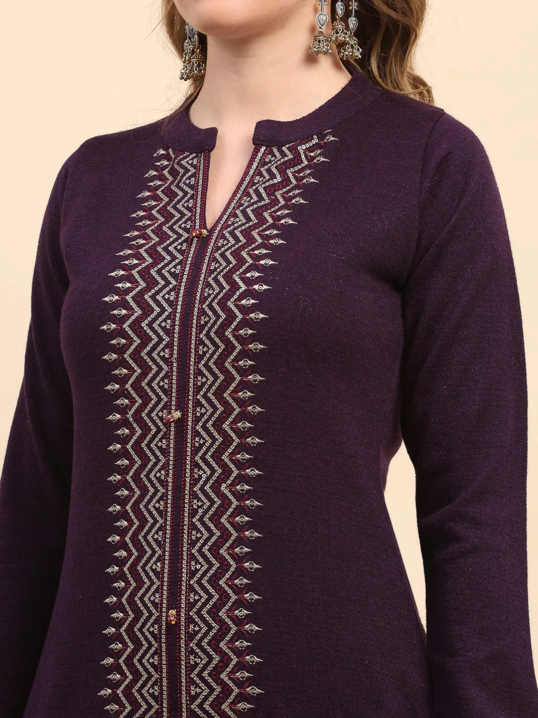 Women Purple Printed Round Neck Full Sleeve Kurti Set for Winter - Image 6