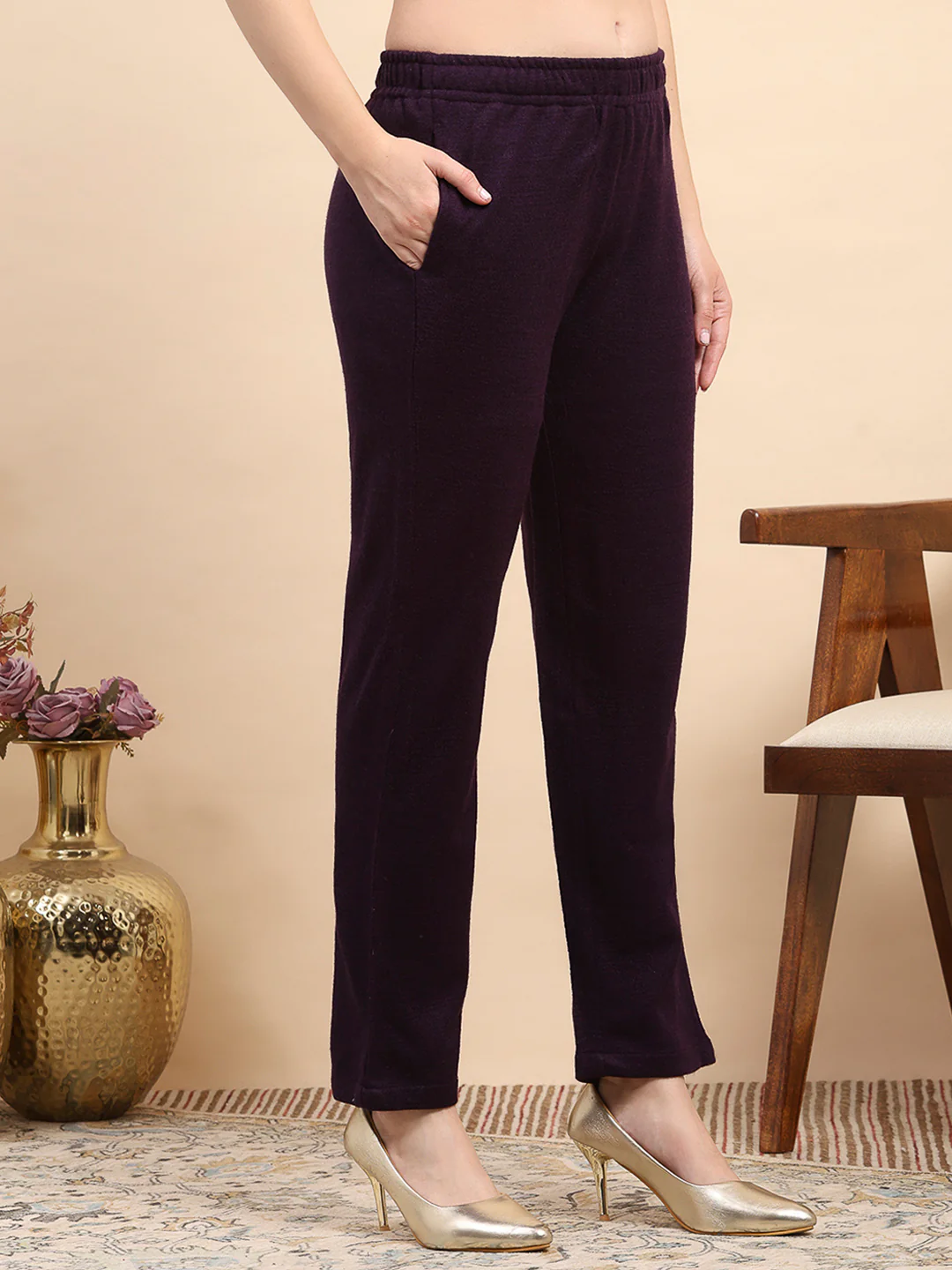 Women Purple Printed Round Neck Full Sleeve Kurti Set for Winter - Image 7