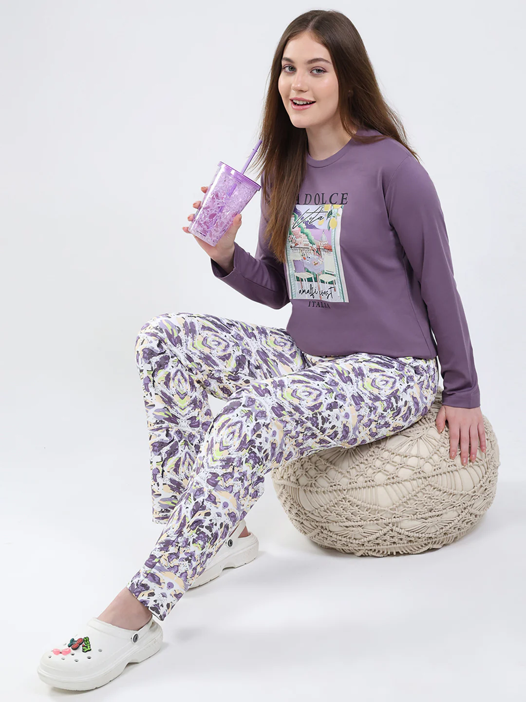 Women Purple Printed Round Neck Full Sleeve Lower Set - Image 2
