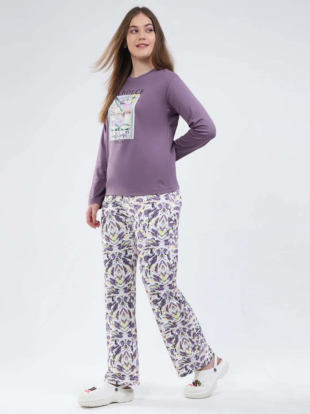 Women Purple Printed Round Neck Full Sleeve Lower Set - Image 3