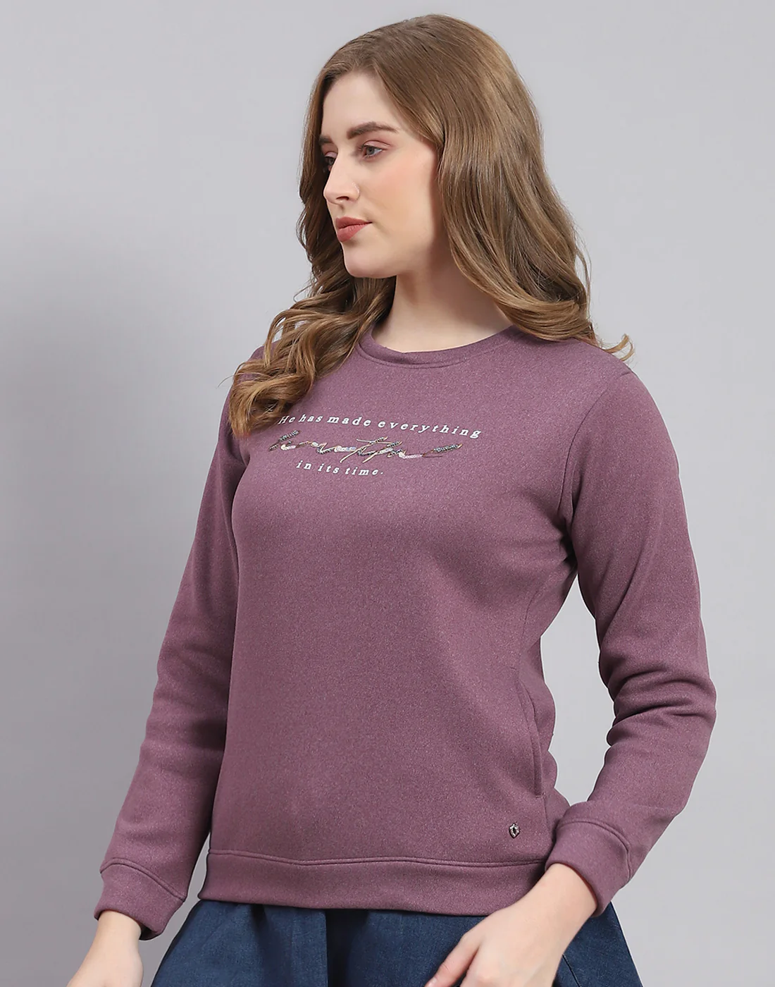 Women Purple Printed Round Neck Full Sleeve Sweatshirt - Image 3