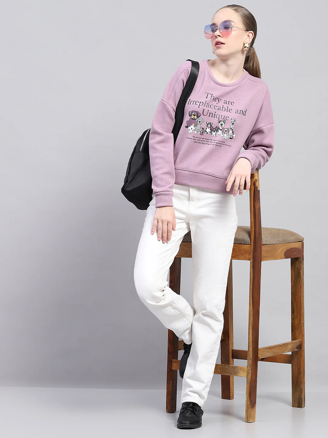 Women Purple Printed Round Neck Full Sleeve Sweatshirt - Image 2