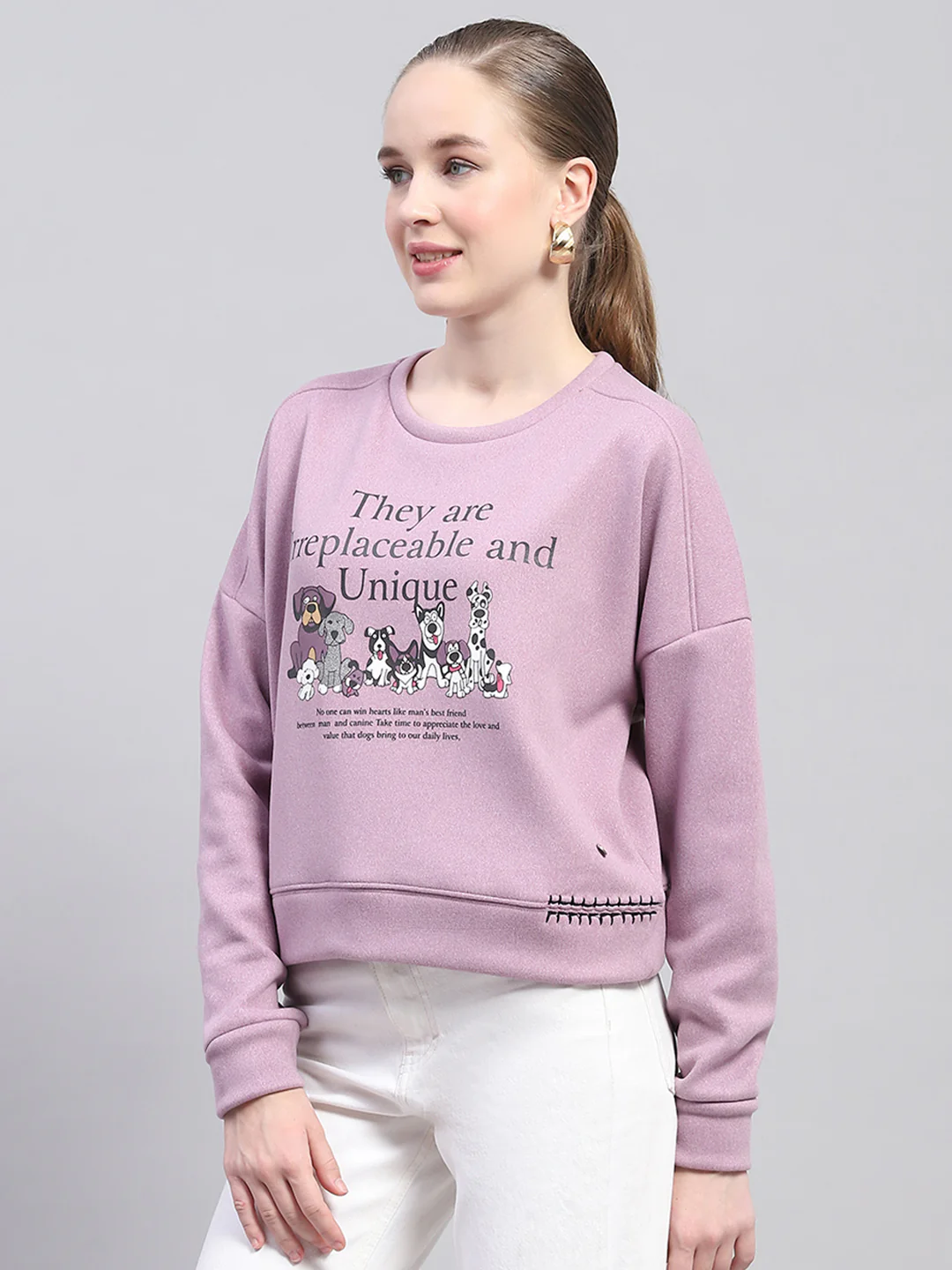 Women Purple Printed Round Neck Full Sleeve Sweatshirt - Image 3