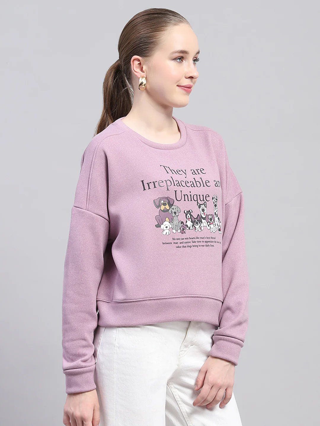 Women Purple Printed Round Neck Full Sleeve Sweatshirt - Image 4