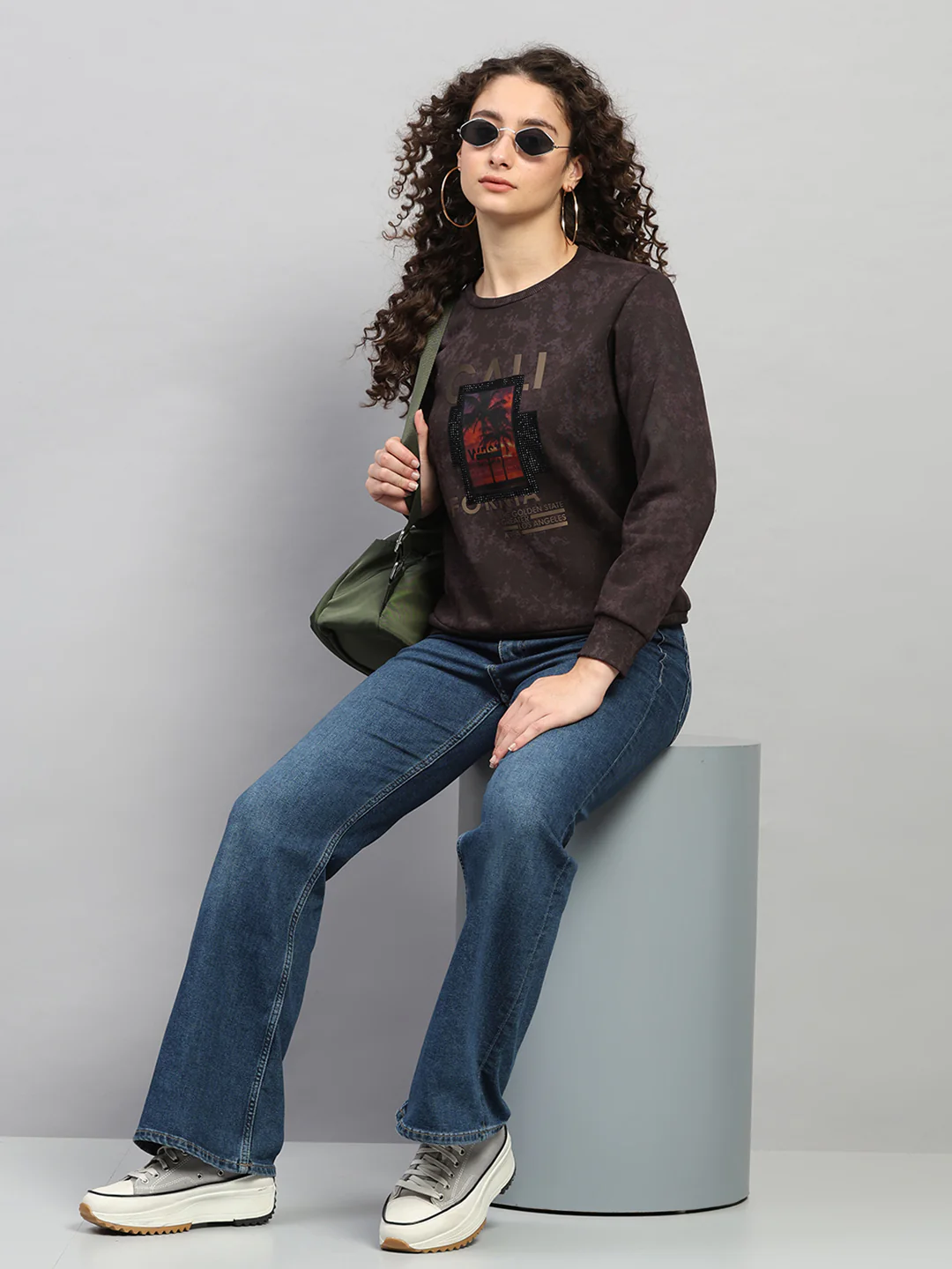 Women Purple Printed Round Neck Full Sleeve Sweatshirt - Image 2