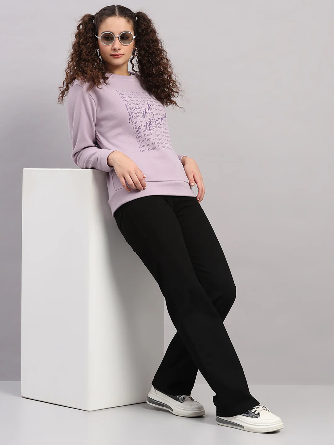 Women Purple Printed Round Neck Full Sleeve Sweatshirt - Image 2