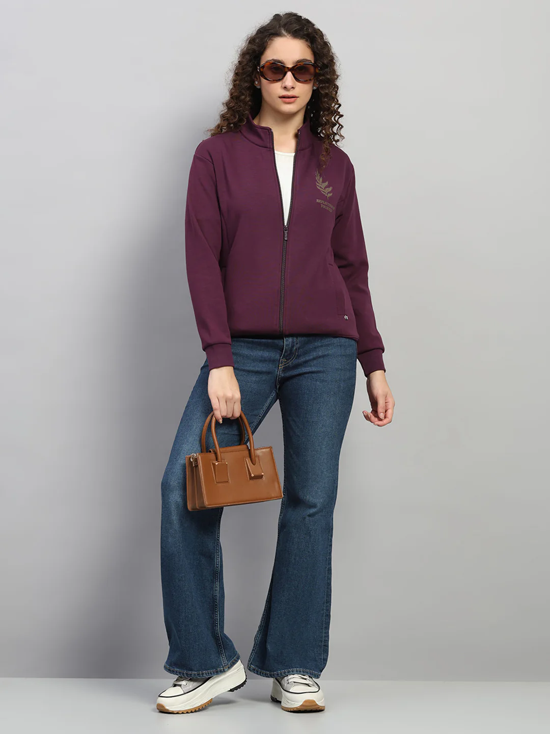 Women Purple Printed Round Neck Full Sleeve Sweatshirt - Image 2