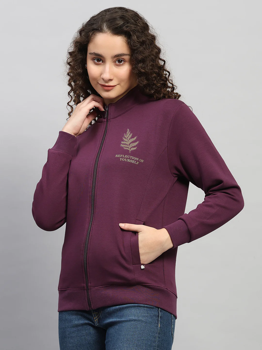 Women Purple Printed Round Neck Full Sleeve Sweatshirt - Image 3