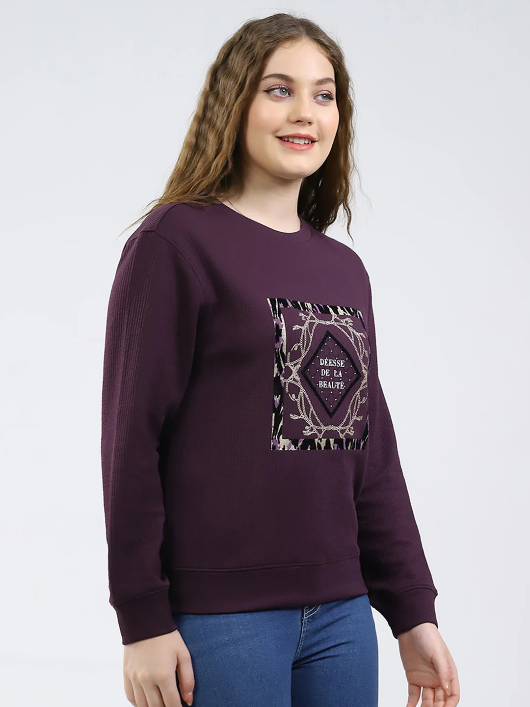 Women Purple Printed Round Neck Full Sleeve Winter Top - Image 4
