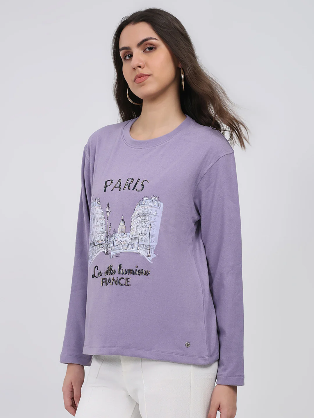 Women Purple Printed Round Neck Full Sleeve Winter Top - Image 3