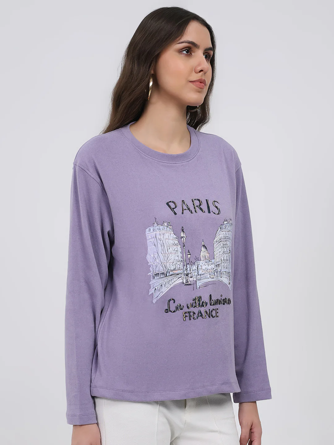 Women Purple Printed Round Neck Full Sleeve Winter Top - Image 4