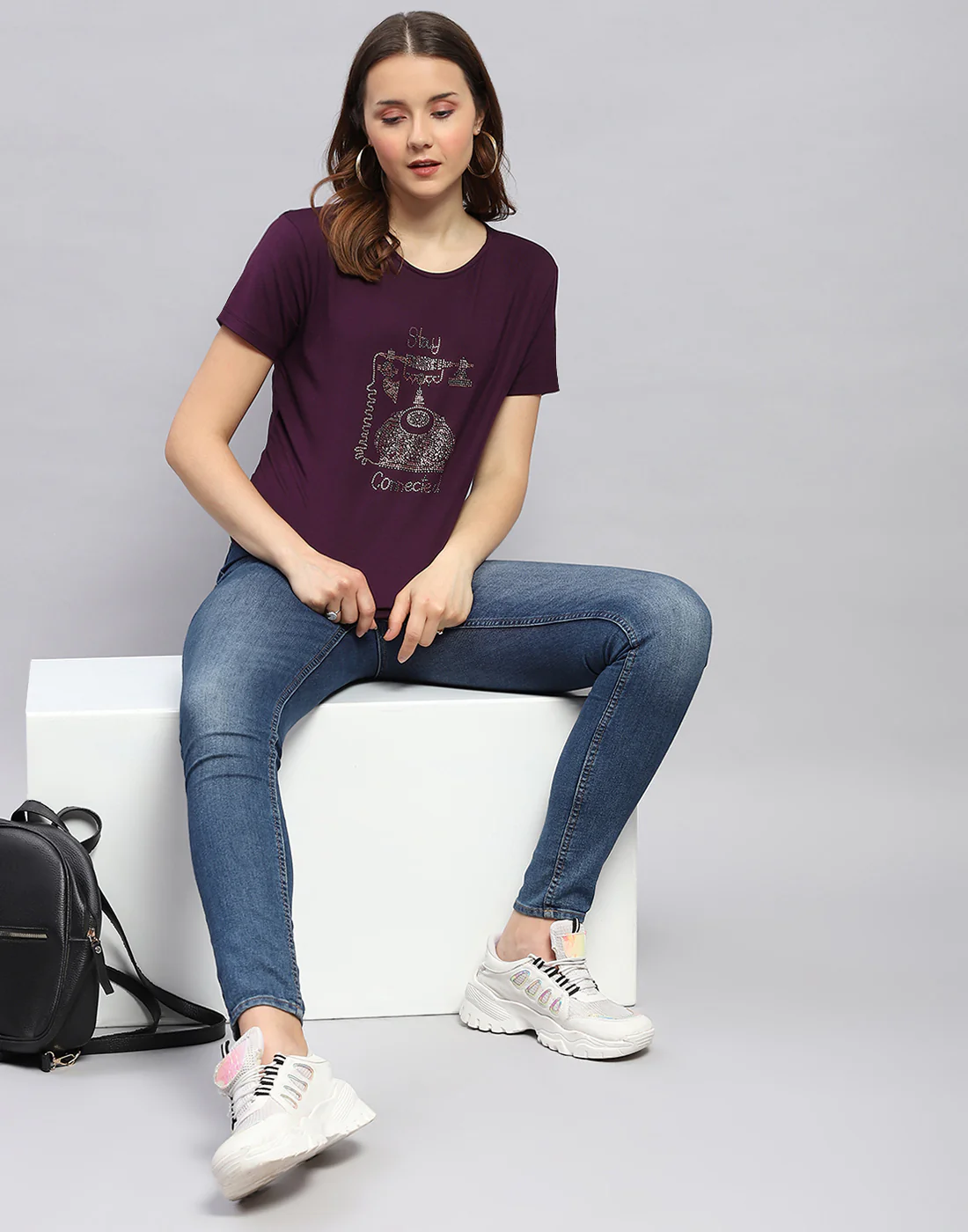 Women Purple Printed Round Neck Half Sleeve Top - Image 6