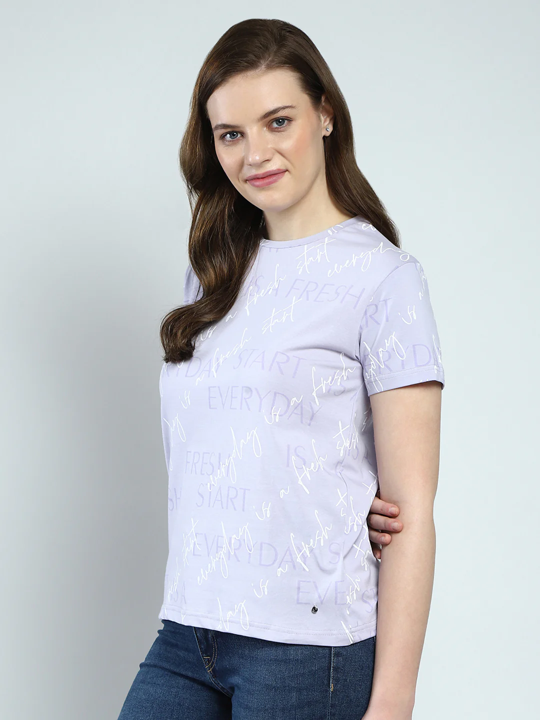 Women Purple Printed Round Neck Half Sleeve Top - Image 3