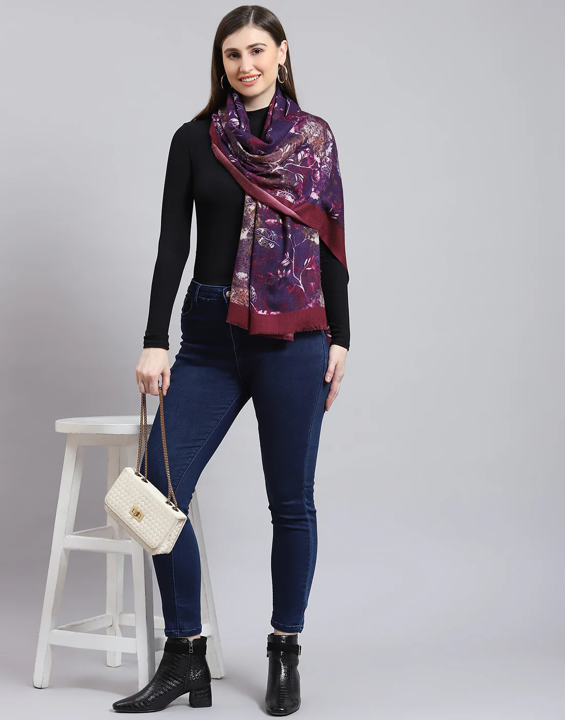 Women Purple Printed Shawl - Image 2