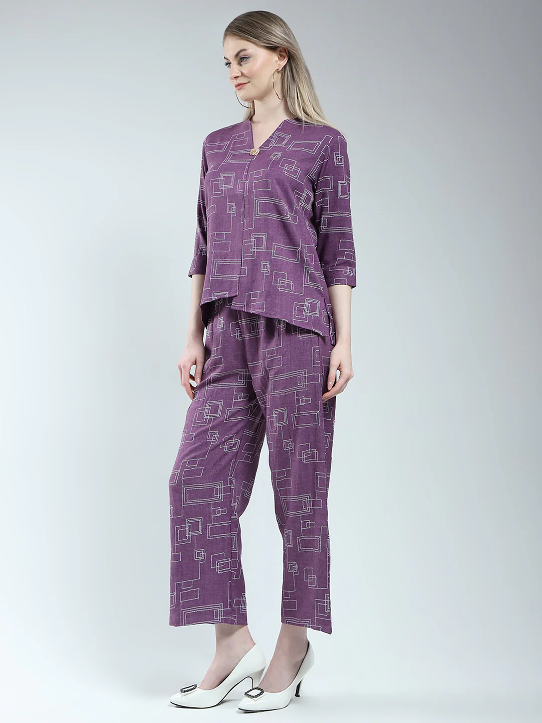 Women Purple Printed Round Neck 3/4th Sleeve Cords Set - Image 2