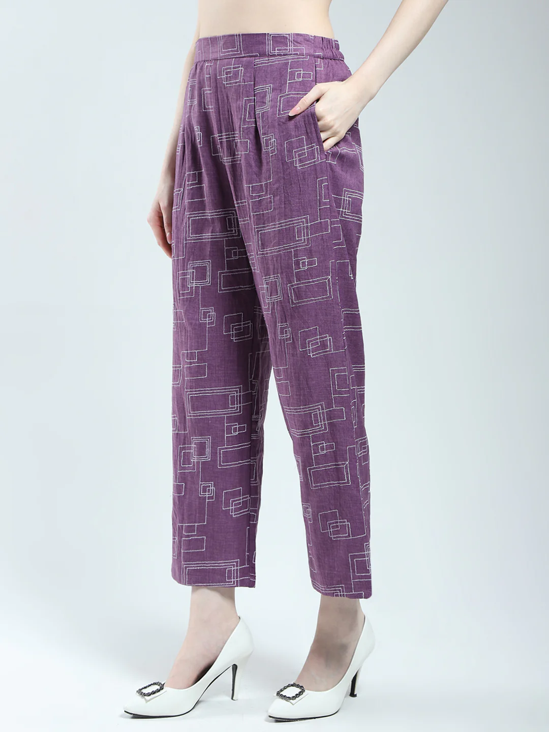 Women Purple Printed Round Neck 3/4th Sleeve Cords Set - Image 7