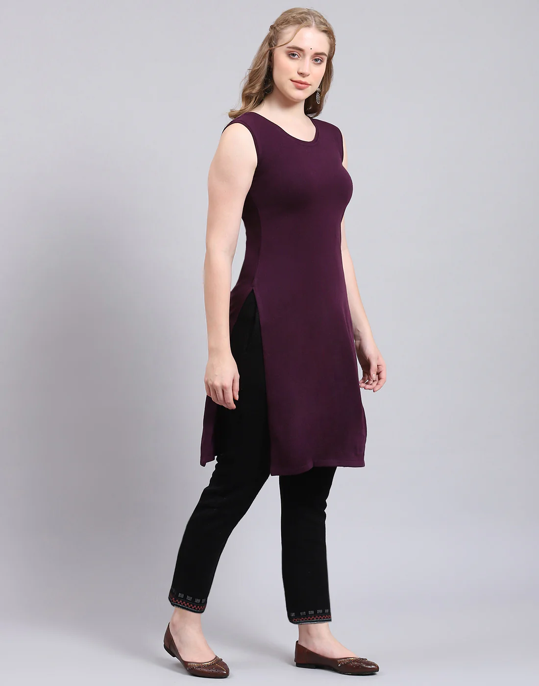Women Purple Printed V Neck Full Sleeve Kurtis Set - Image 7