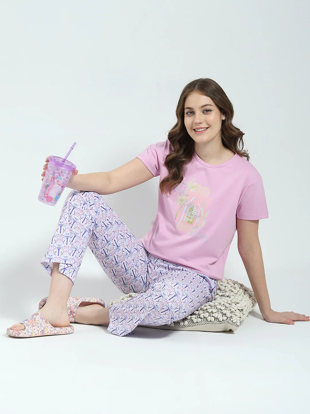 Women Purple Printed Round Neck Half Sleeve Lower Set - Image 2